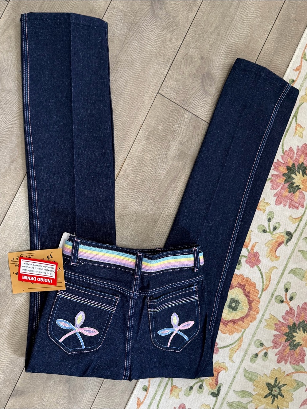 New Vintage Jet Set Girls Indigo Jeans & Pastel Rainbow Belt Embroidered Pockets